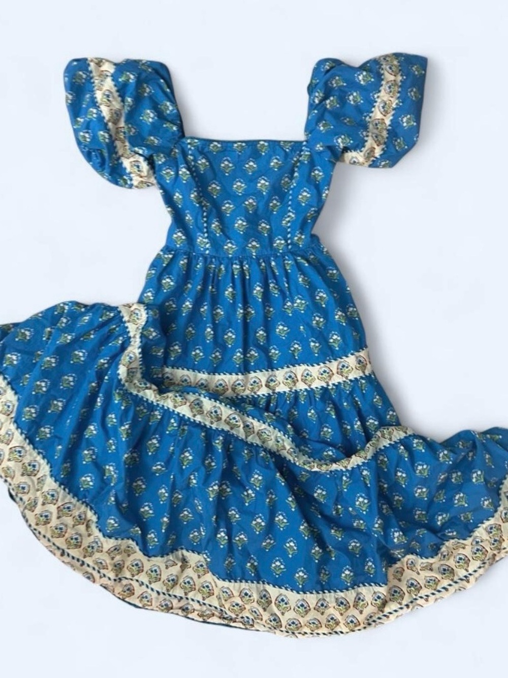Like New Vintage XS Tiered Maxi Dress Block Print Blue Floral Western Cottage